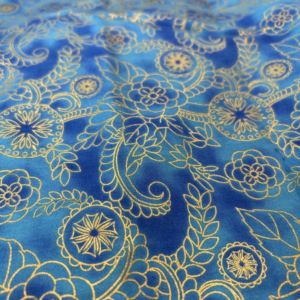 Legacy Cotton Quilting Fabric Polynesia Vine Monotone Blue Gold Floral 3.4 Yards